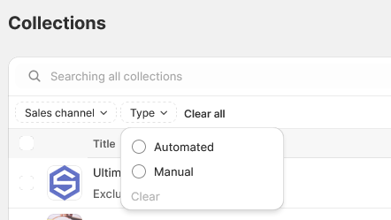 Screenshot of Shopify collections page