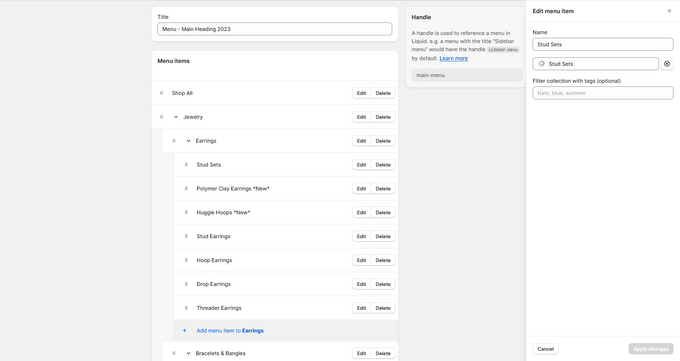 Screenshot of Shopify collections page