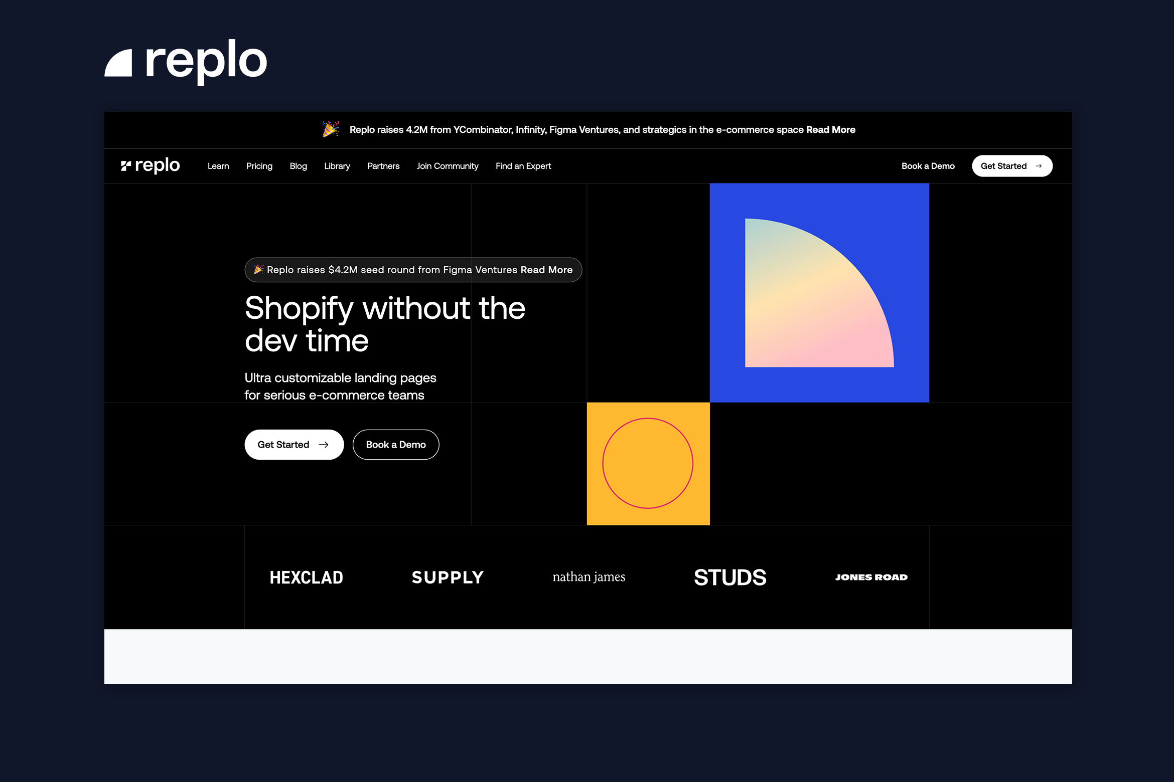 Screenshot of the Replo Landing Page Designer Shopify app's website