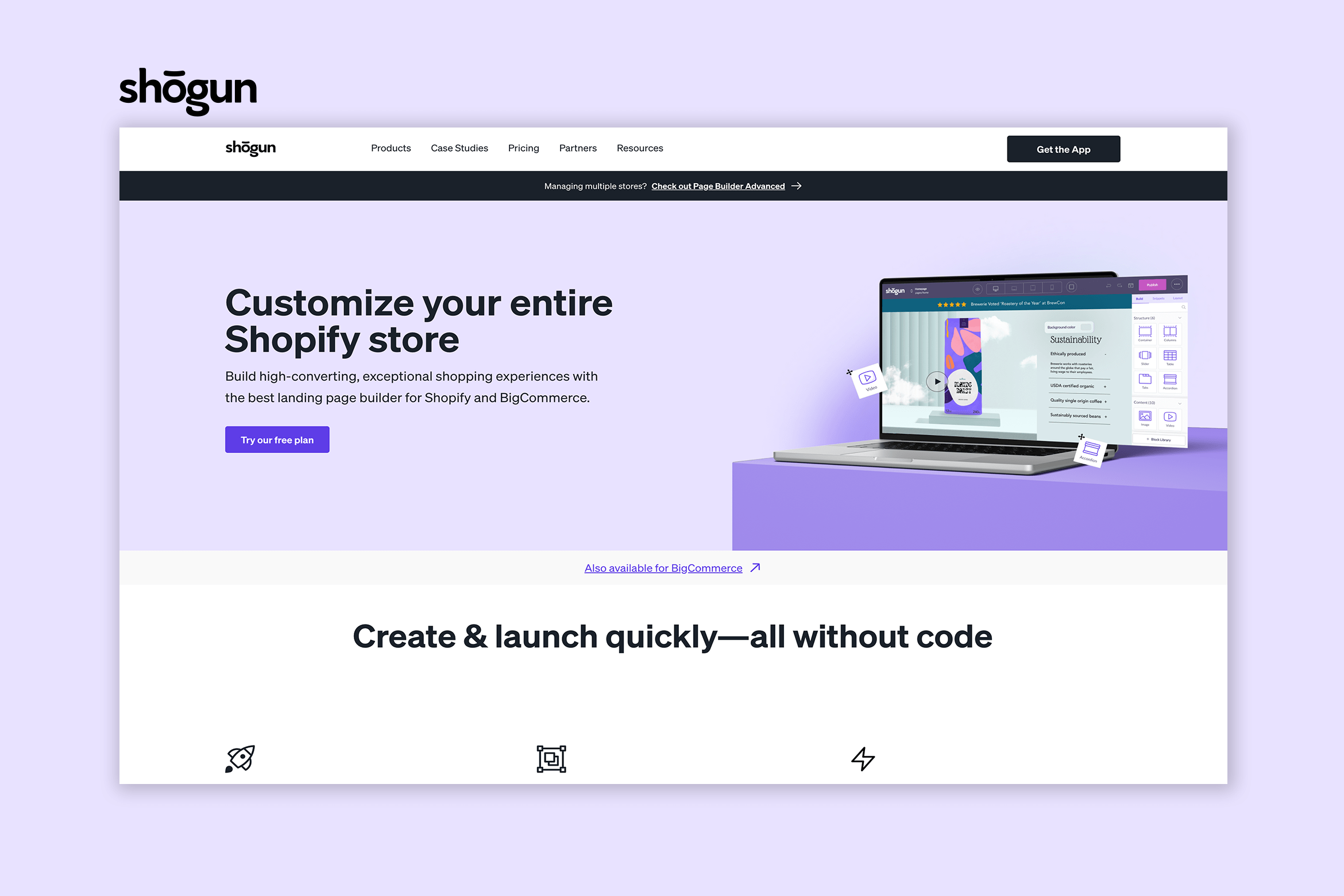 Screenshot of Shogun Landing Page Builder Shopify app website