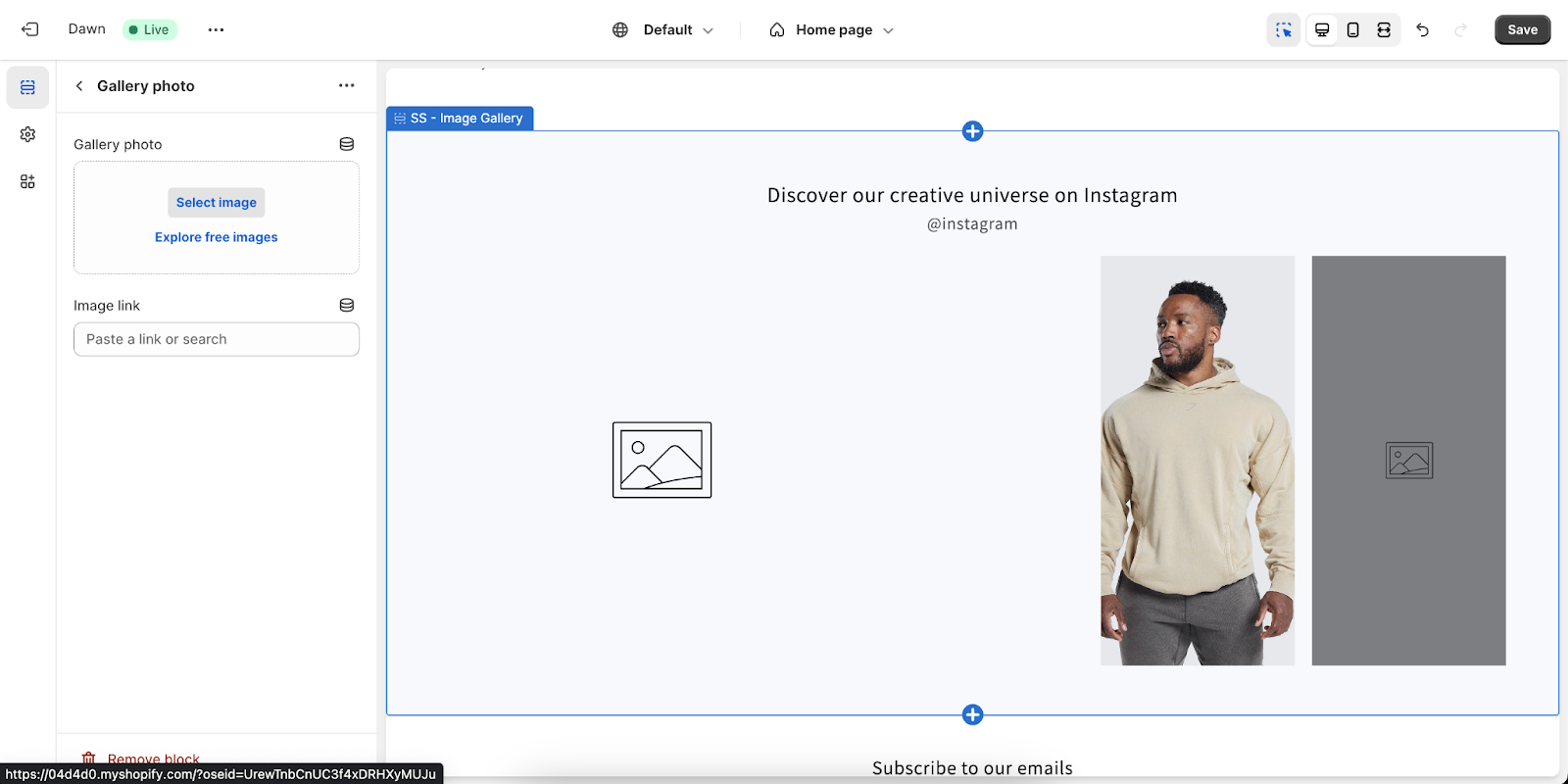 A screen shot of a web page with a picture of a man in a sweater displayed in a Shopify image gallery
