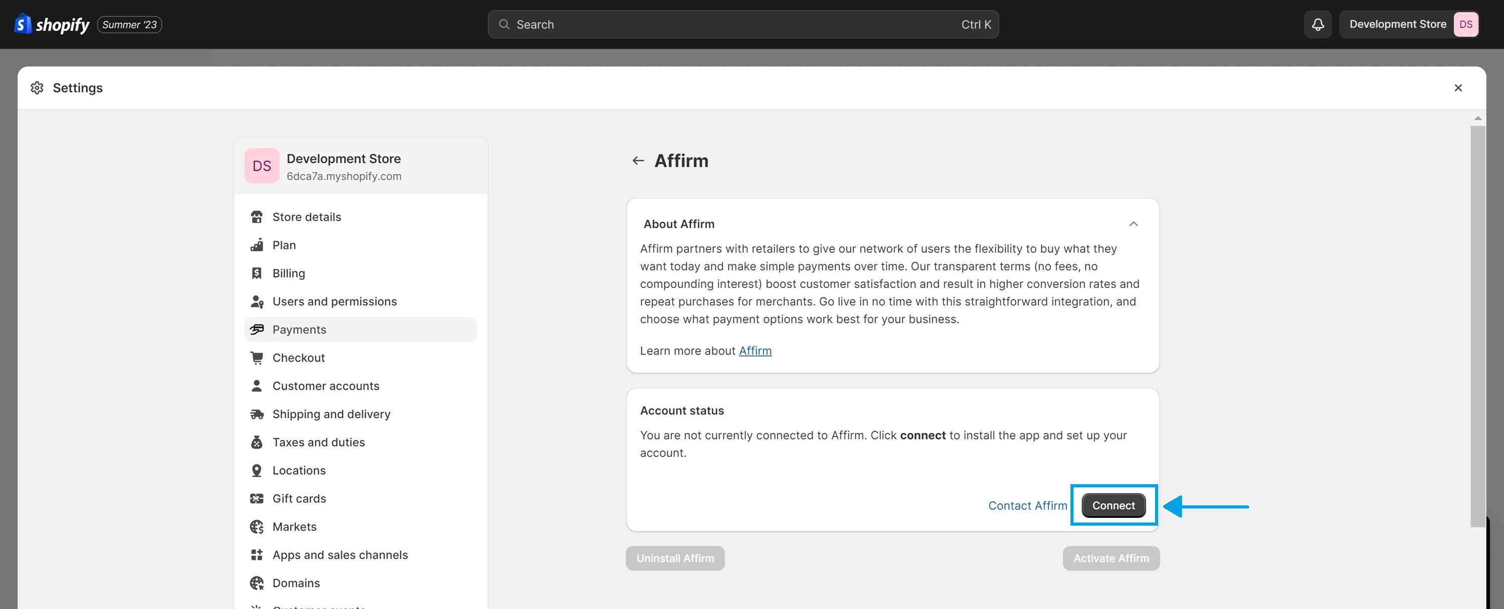KeepShoppers screenshot: Connecting Affirm to your Shopify store