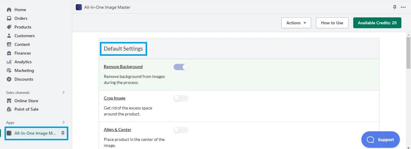 Screenshot of changing the default settings in the All-in-One Image Master app