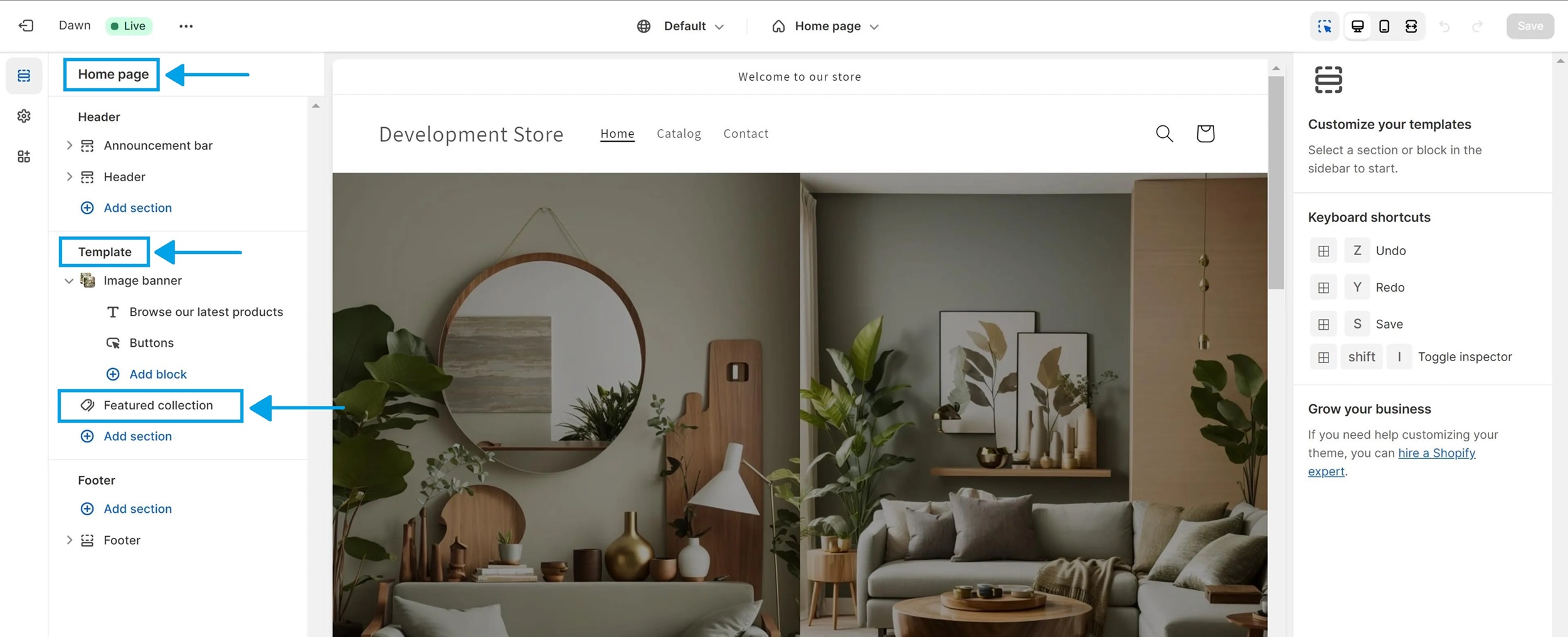 KeepShoppers screenshot: Changing Shopify featured collection display in theme editor