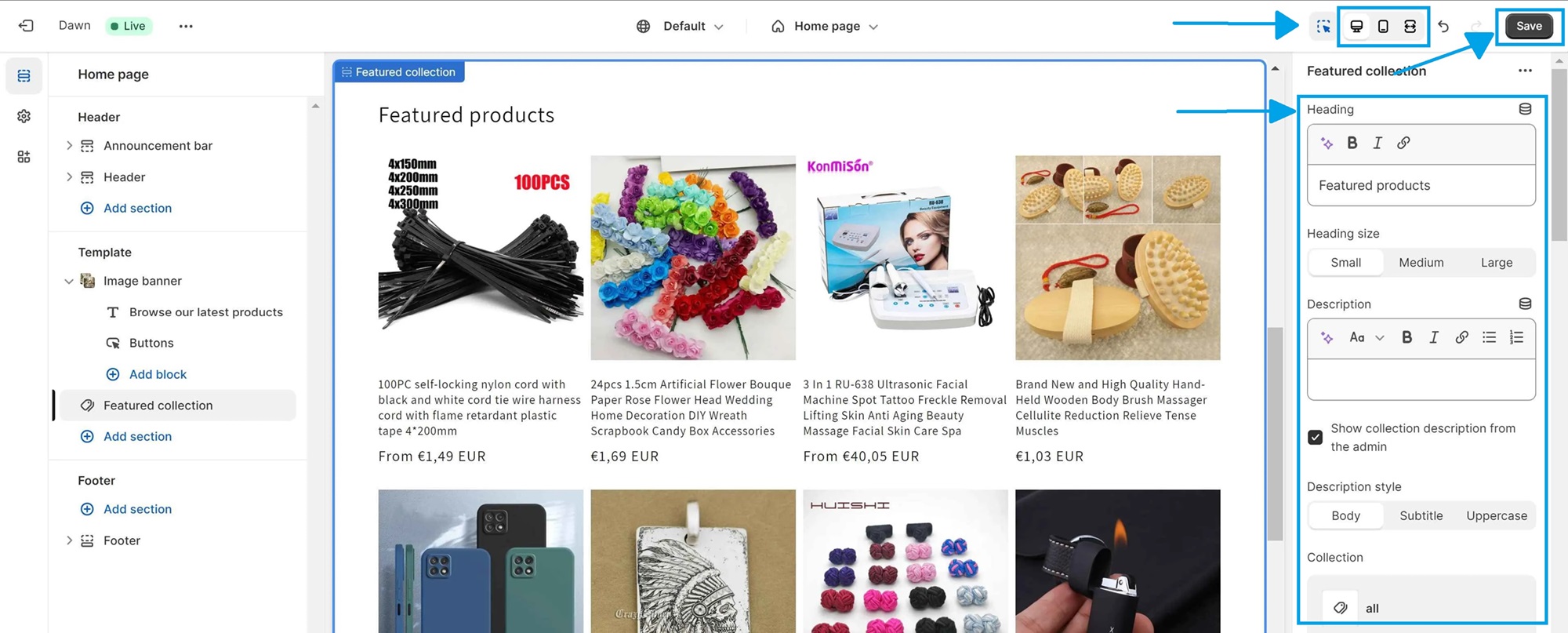KeepShoppers screenshot: Customizing featured collection display and saving changes