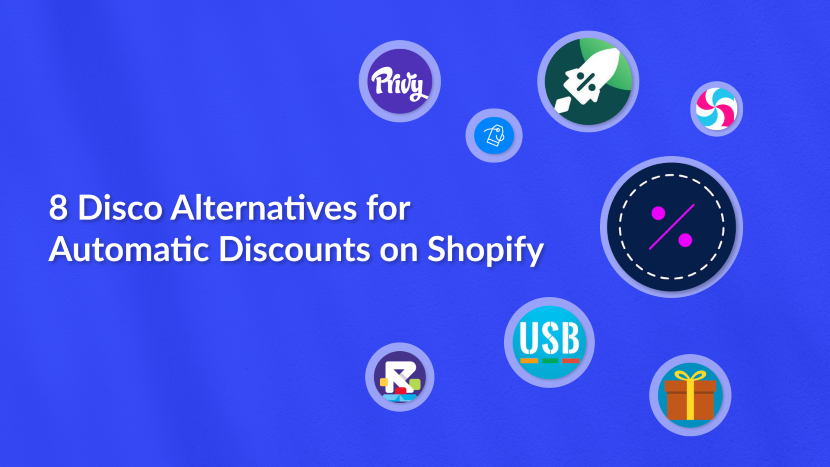 the words 8 disco alternatives for automatic discounts on shopify with app logos