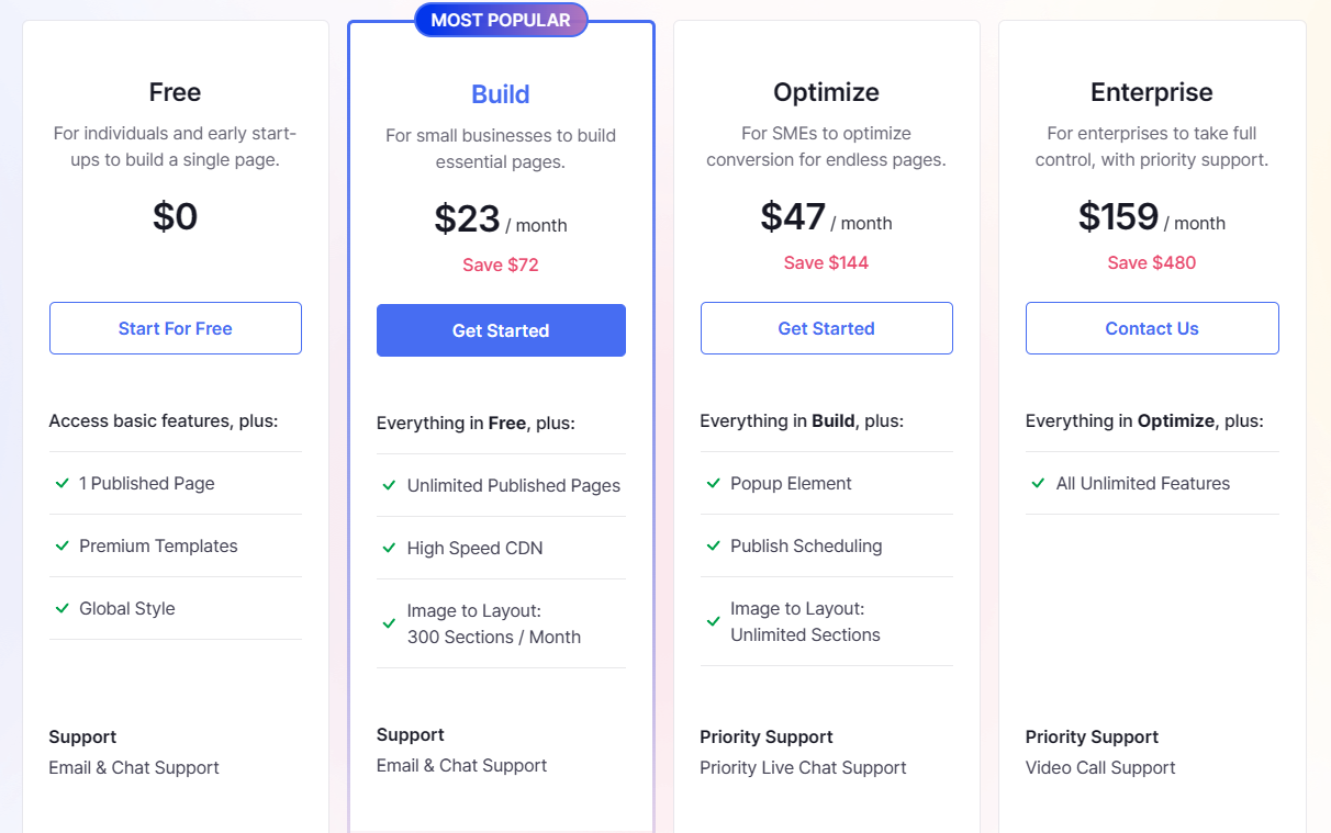 the pricing page of a website