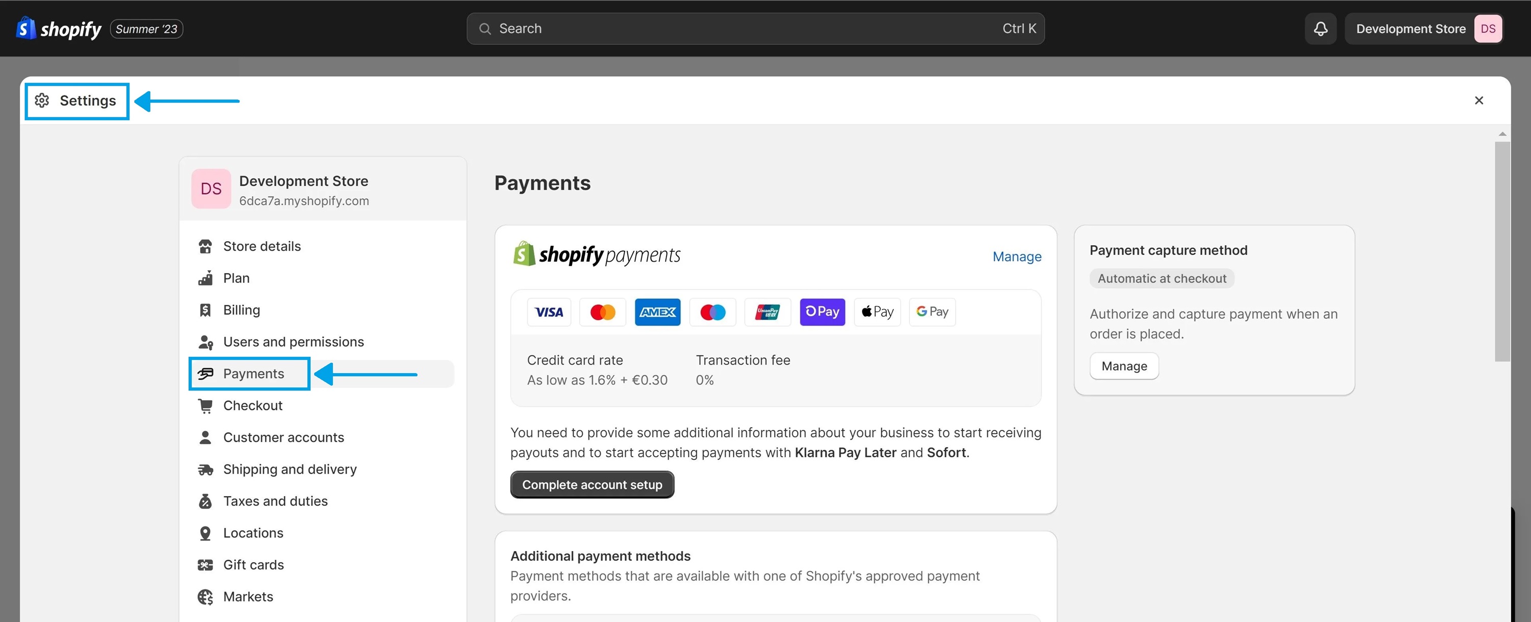 KeepShoppers screenshot: Locating payment settings on Shopify admin dashboard