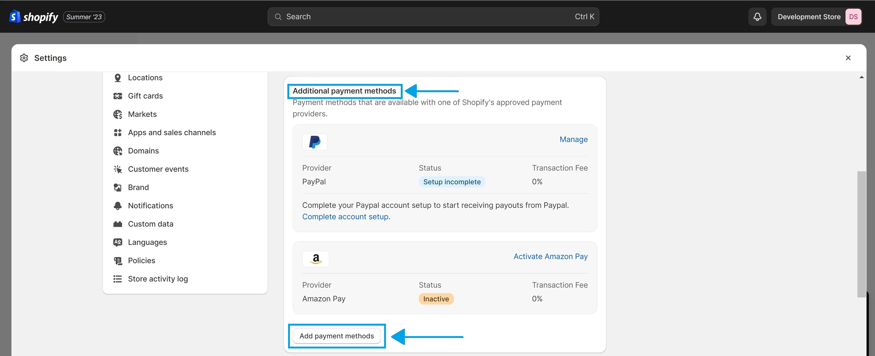 KeepShoppers screenshot: Adding additional payment methods to your Shopify store