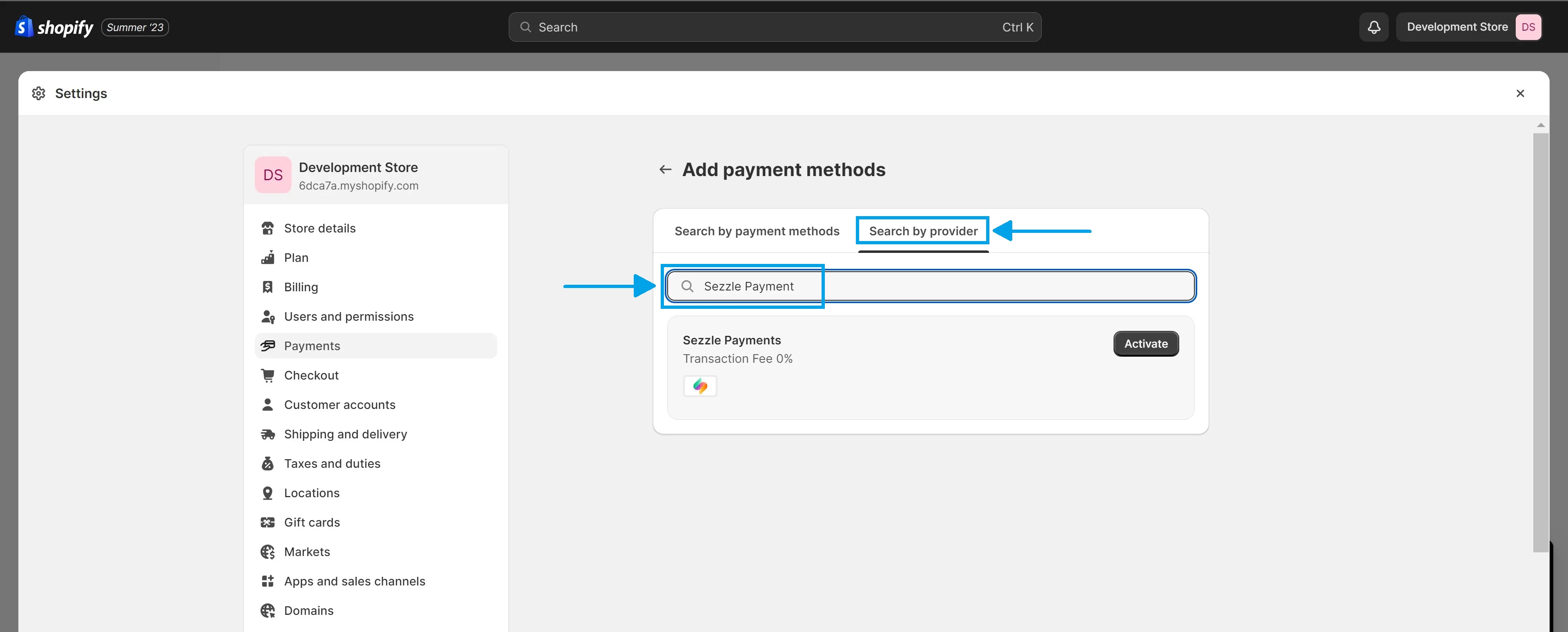 KeepShoppers screenshot: Adding Sezzle as a payment provider to your Shopify store