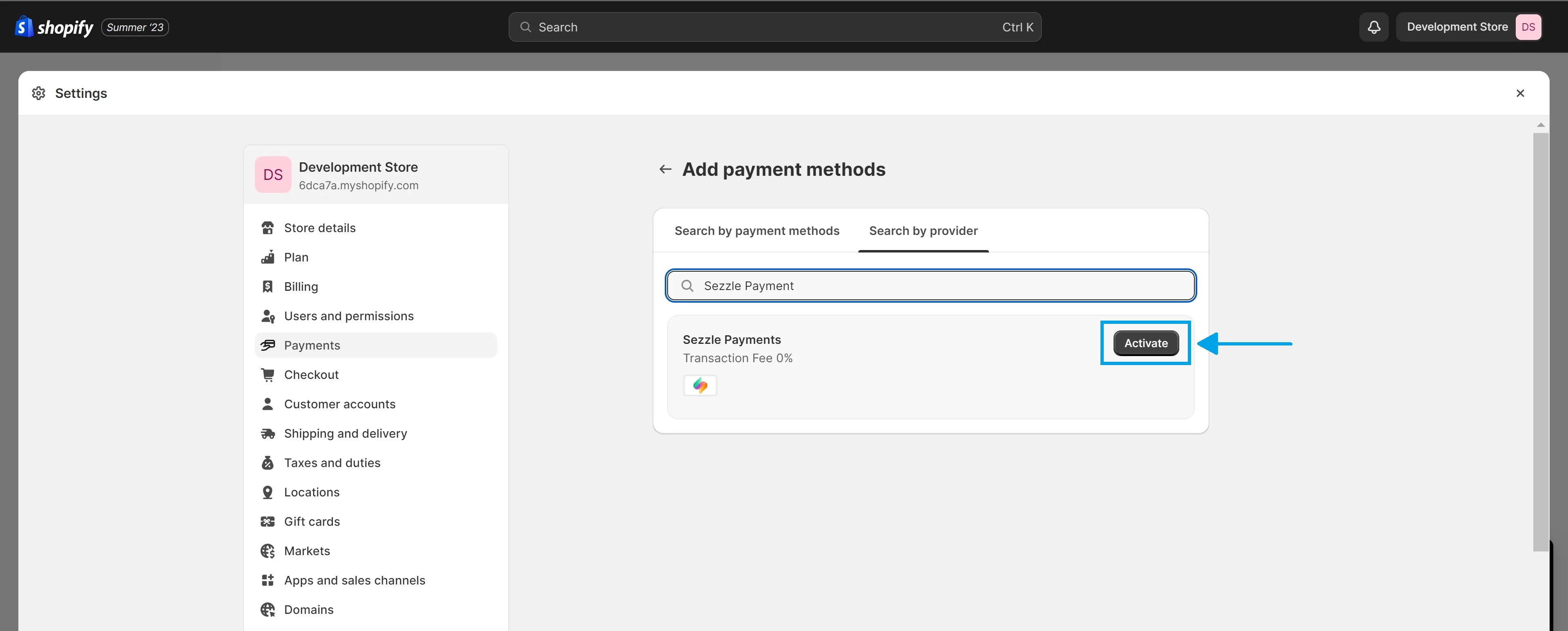 KeepShoppers screenshot: Activating Sezzle as a payment provider on your Shopify store