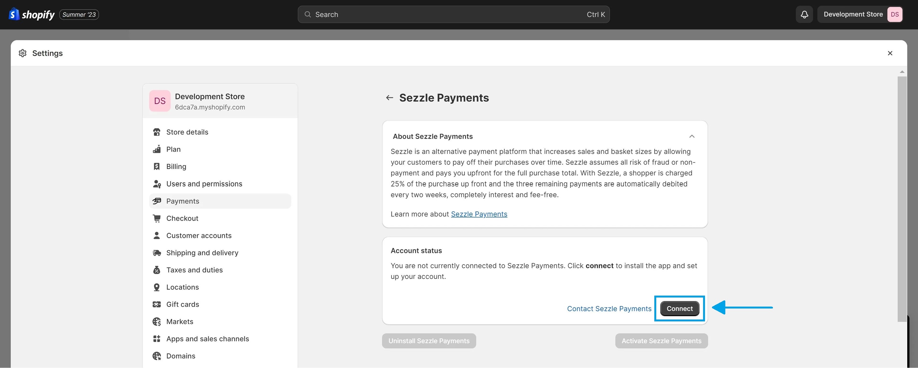 KeepShoppers screenshot: Connecting Sezzle to your Shopify store as a payment option