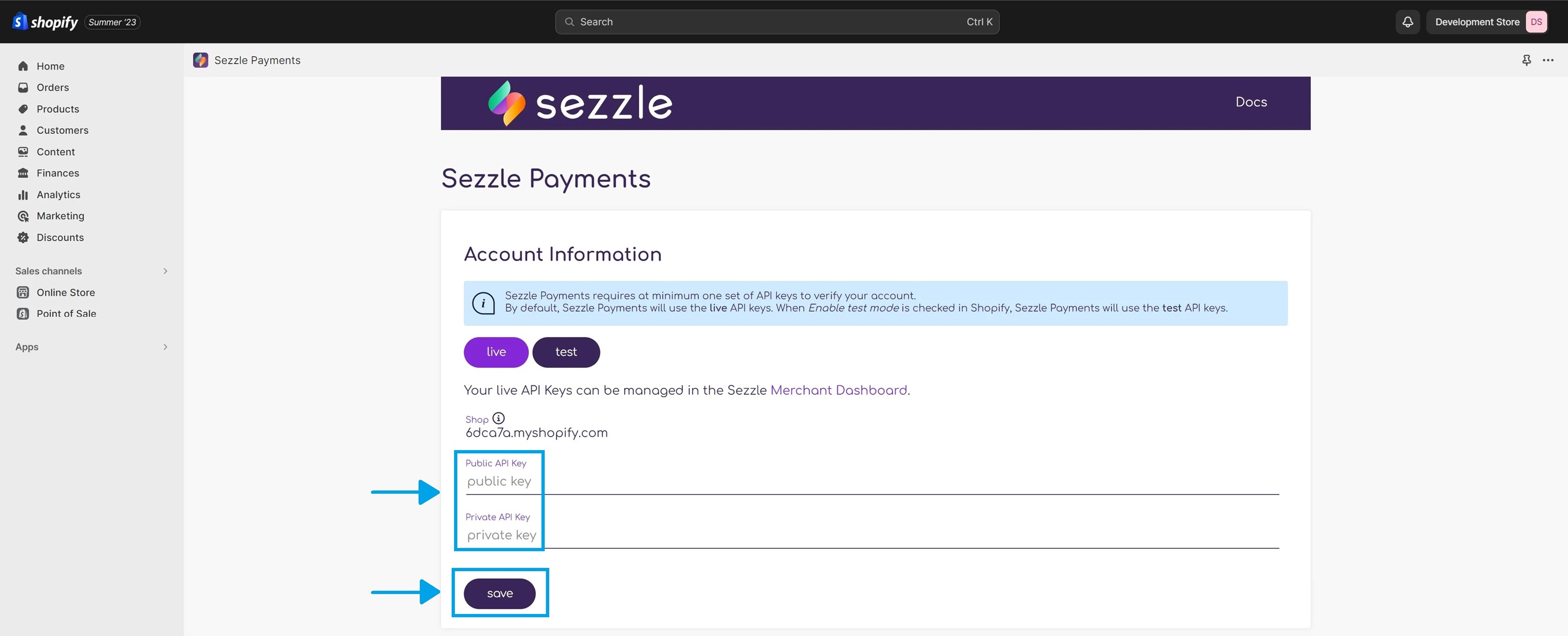 KeepShoppers screenshot: Adding API keys to link Sezzle to your Shopify store