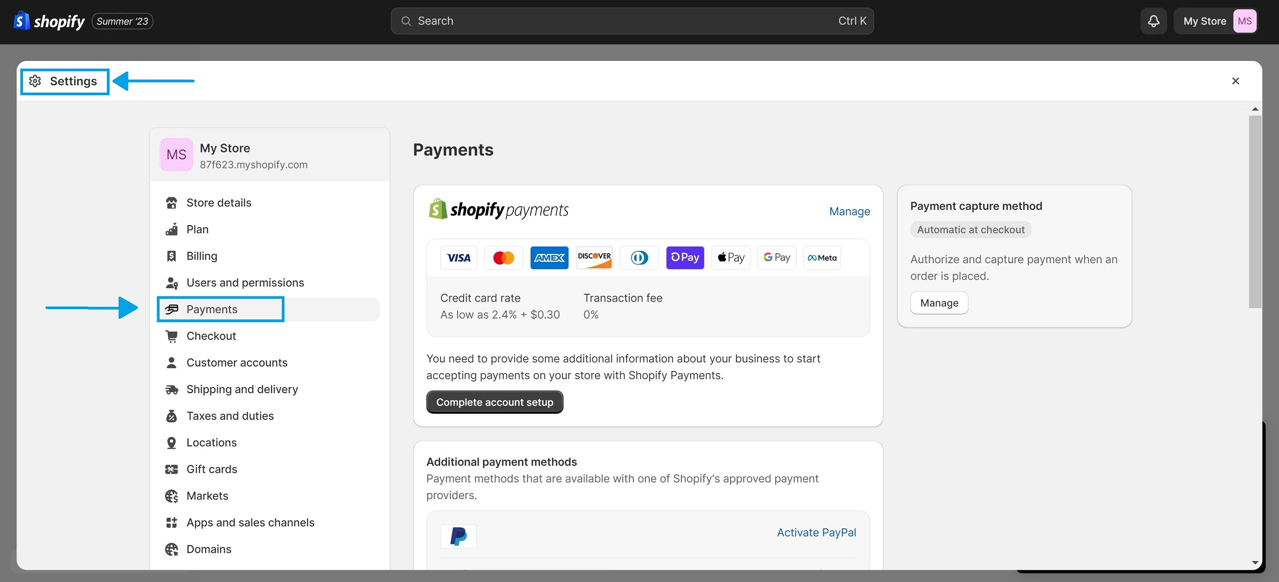 Screenshot of locating payments on a Shopify dashboard