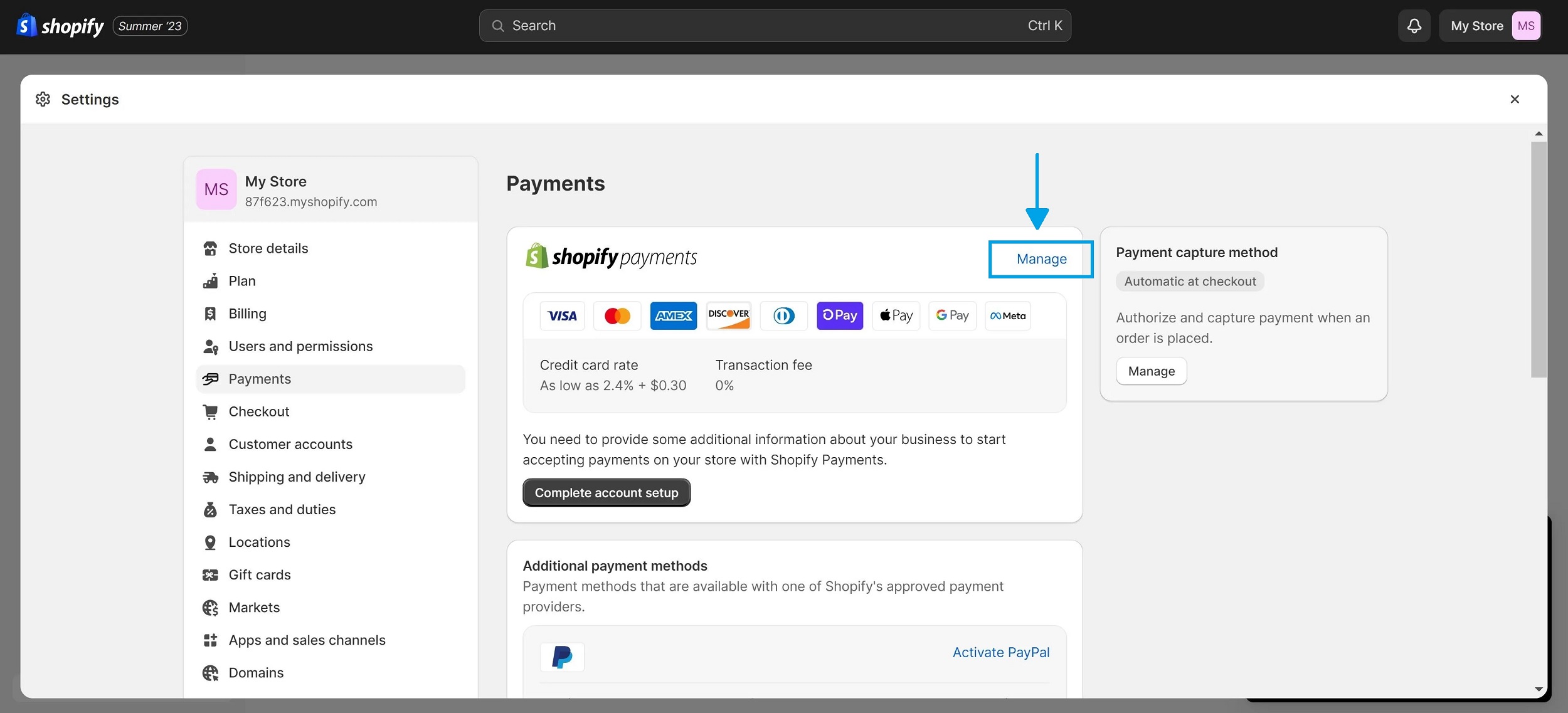 Screenshot of managing payments on a Shopify dashboard