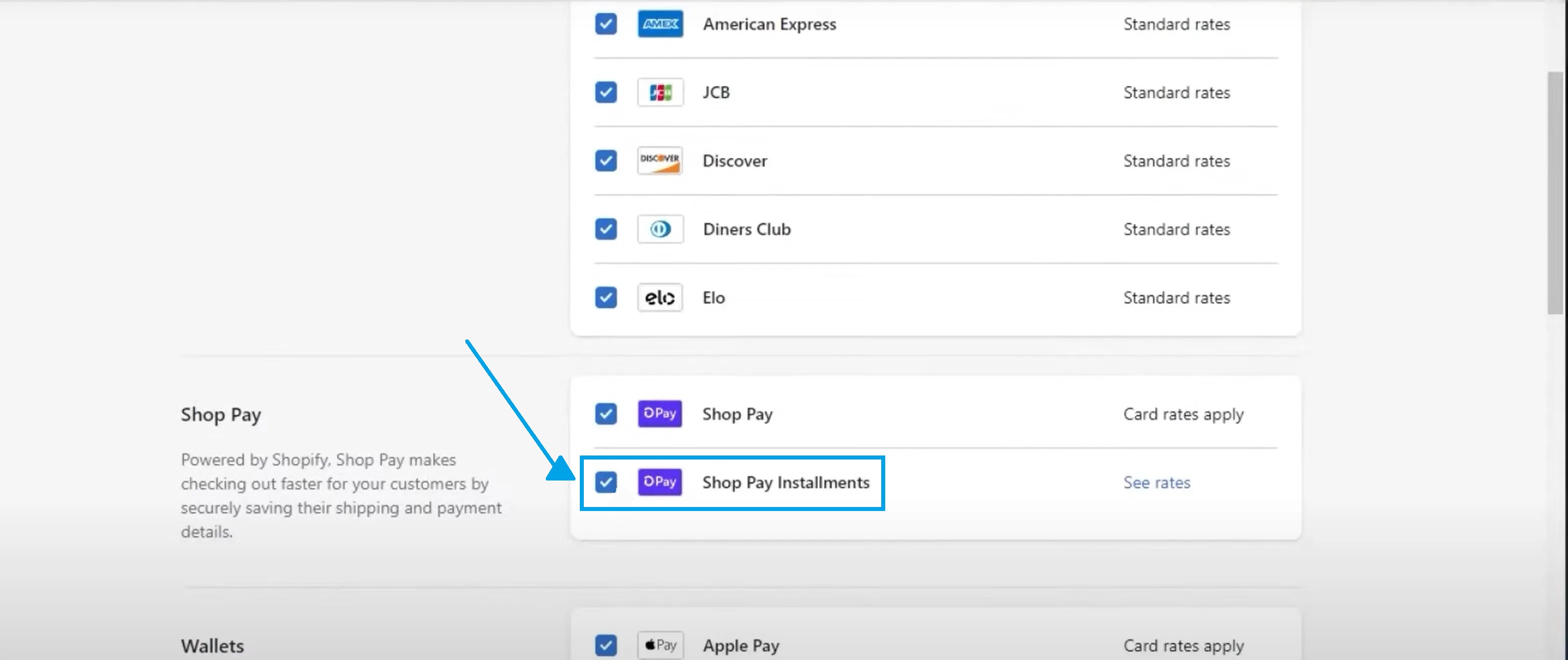 Screenshot of enabling Shopify Pay Installments on a Shopify dashboard