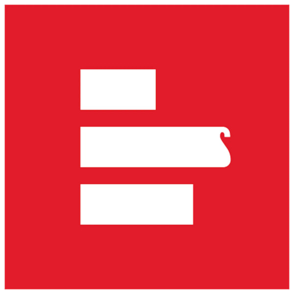 a red and white sign with the letter e