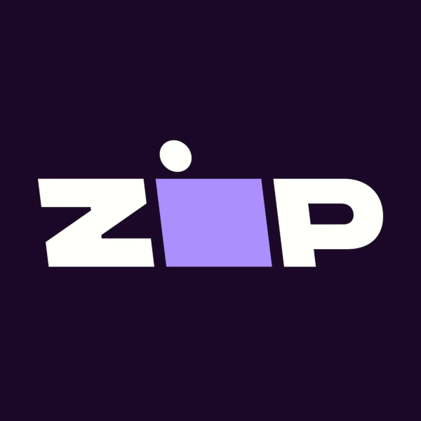 a purple and white zip logo on a black background