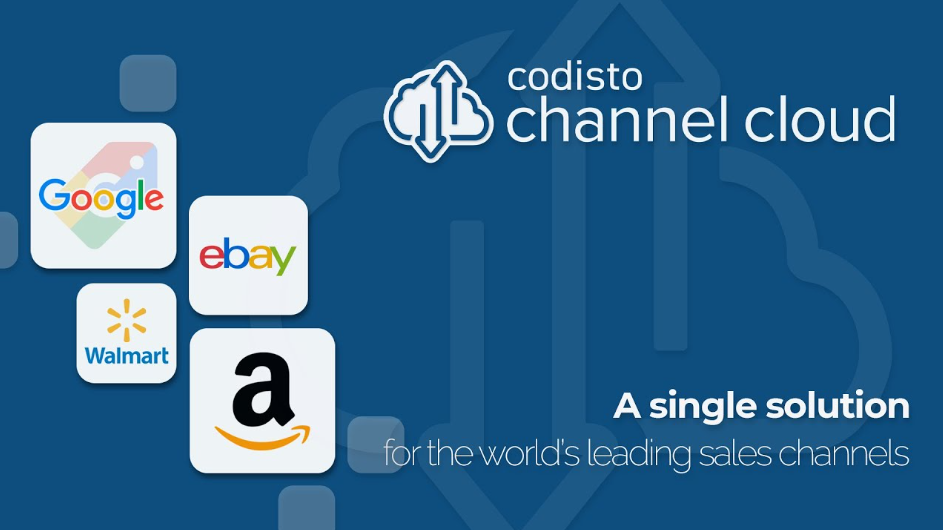A promotional image for Codisto Channel Cloud app review featuring the apps logo and logos of Amazon, eBay, Walmart, and Google