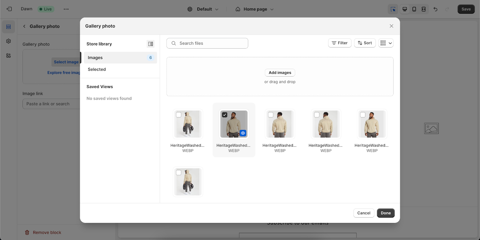 a screen shot of a web page with multiple images of a man wearing in a sweater in a Shopify image gallery.
