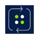 a blue square with green dots and an arrow pointing to the center