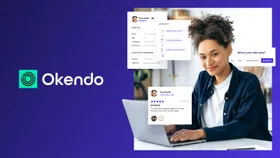 An Okendo review promotional image including the app's logo and a picture of a satisfied customer smiling
