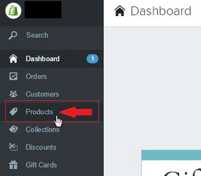 Arrow point to the Products tab on the Shopify dashboard menu