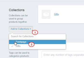 Two arrows pointing to features of the Shopify Collections page, numbered one and two