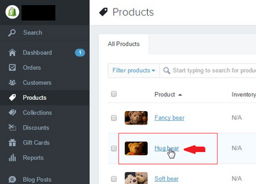 Arrow pointing at a product on the Shopify Products page