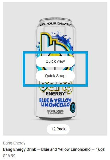 A screenshot of Bang Energy's quick view and quick menu options when hovering over a product on their online store