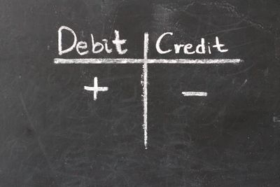 Debit and Credit written on a blackboard in white chalk