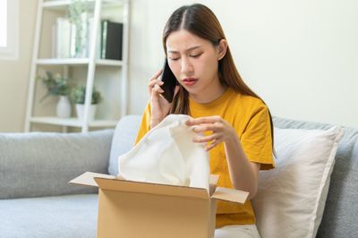 An upset woman sitting on a couch while talking on a cell phone with an open package on the table in front of her