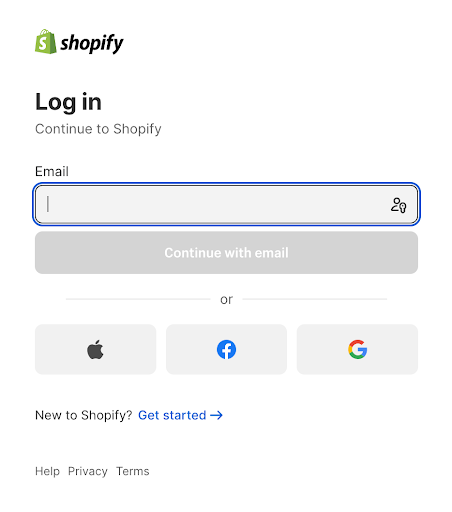 a login page for a shopify account