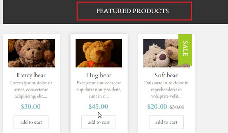 Three teddy bears as featured products on a Shopify store's home page