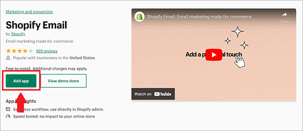 Screenshot of Shopify Email's homepage on the Shopify app store