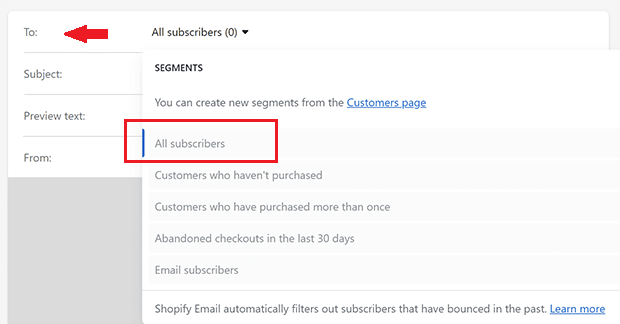 Red arrow pointing to the "To" field on Shopify Email