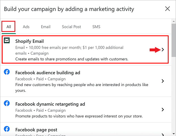 Red rectangle highlighting the "Shopify Email" option on the Marketing Campaign page
