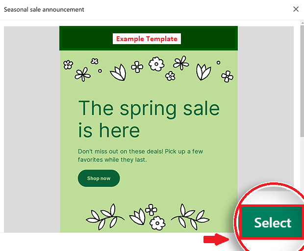 Red circle around the "Select" button on the email templates page on Shopify Email