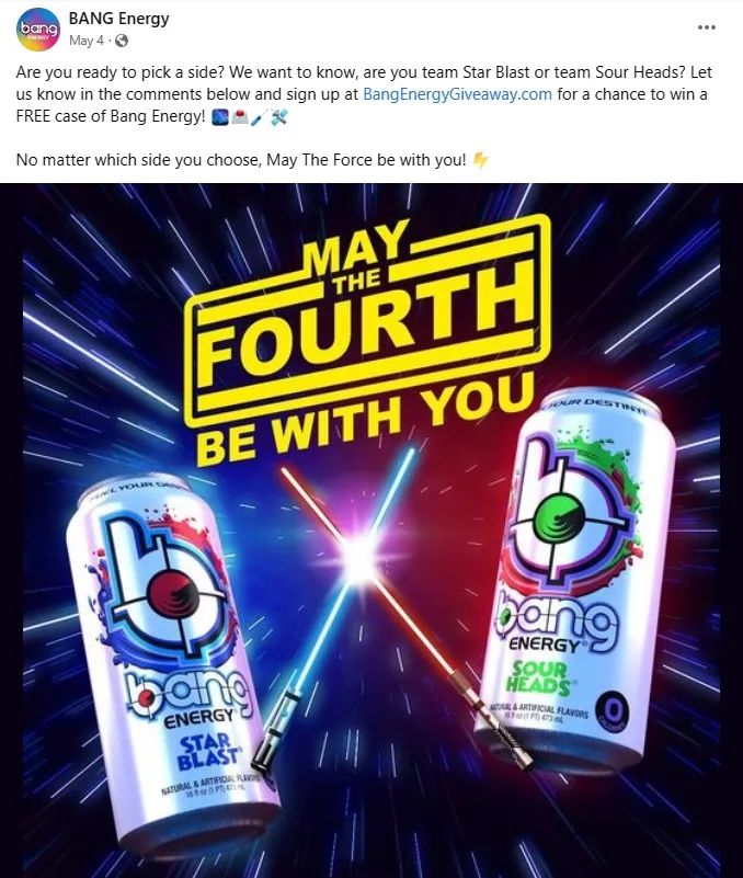 Two cans of Bang Energy drink with the words "May the fourth be with you"