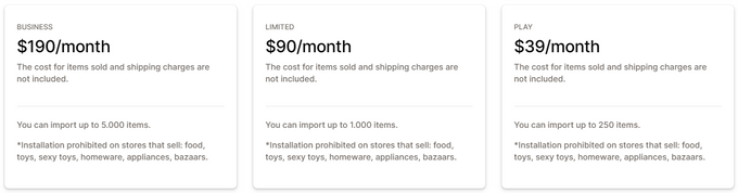 Screenshot of the Sync2Fashion by B2B Griffati Shopify app pricing plans