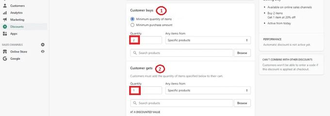 Red rectangles around the "Customer Buys" and "Customer Gets" sections on Shopify