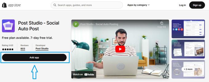 Screenshot of adding the Post Studio app from the Shopify app store