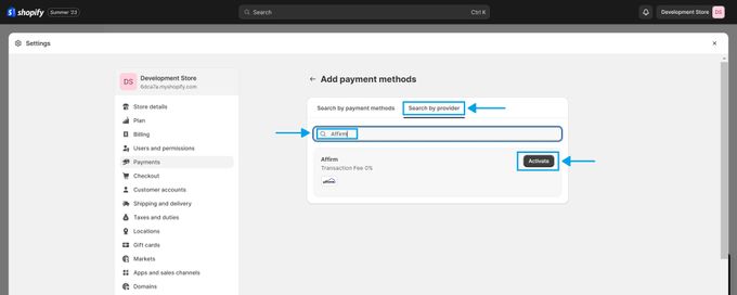 KeepShoppers screenshot: Adding Affirm as an additional payment method to your Shopify store