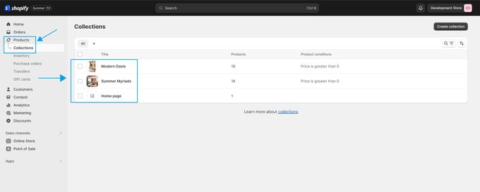 KeepShoppers screenshot: Selecting a featured collection on your Shopify admin dashboard