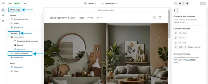 KeepShoppers screenshot: Changing Shopify featured collection display in theme editor