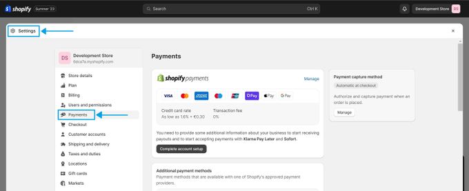 KeepShoppers screenshot: Locating payment settings on Shopify admin dashboard