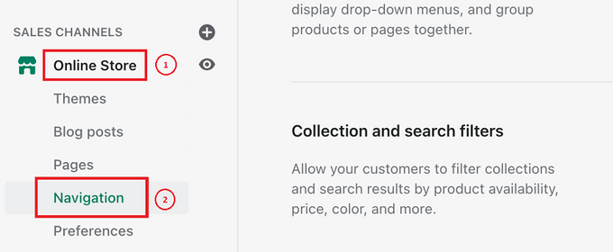 2 numbered circles next to the "Online Store" and "Navigation" sections on Shopify admin dashboard