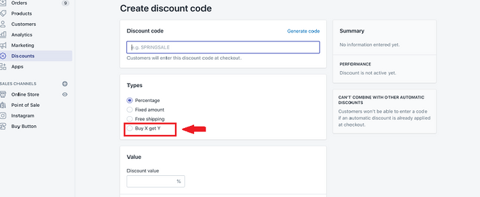 Red arrow pointing to the "Buy X Get Y" discount option on Shopify