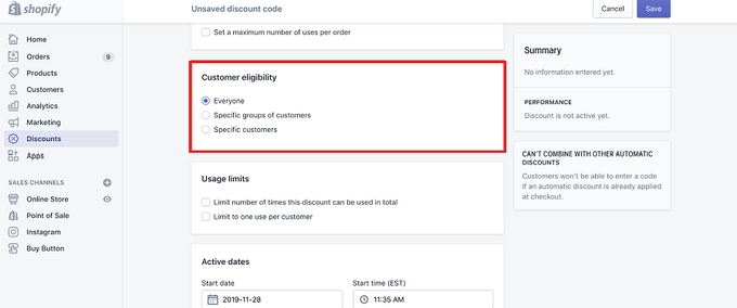 Red rectangle highlighting the "Customer eligibility" section on Shopify discount codes page