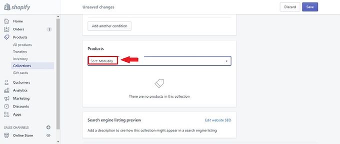 Arrow pointing to the manual sorting option on Shopify's Collections page